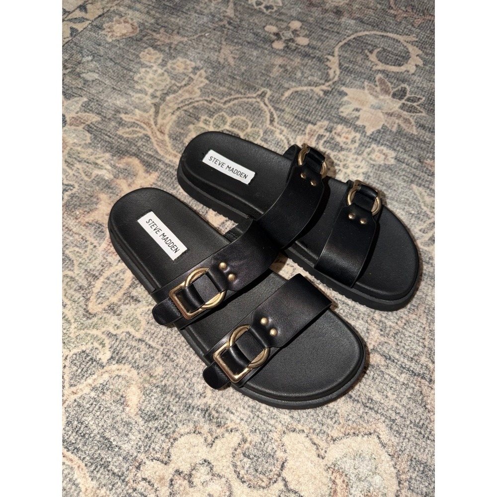 Steve Madden Hanni Black Leather Sandals Slides Gold Buckles